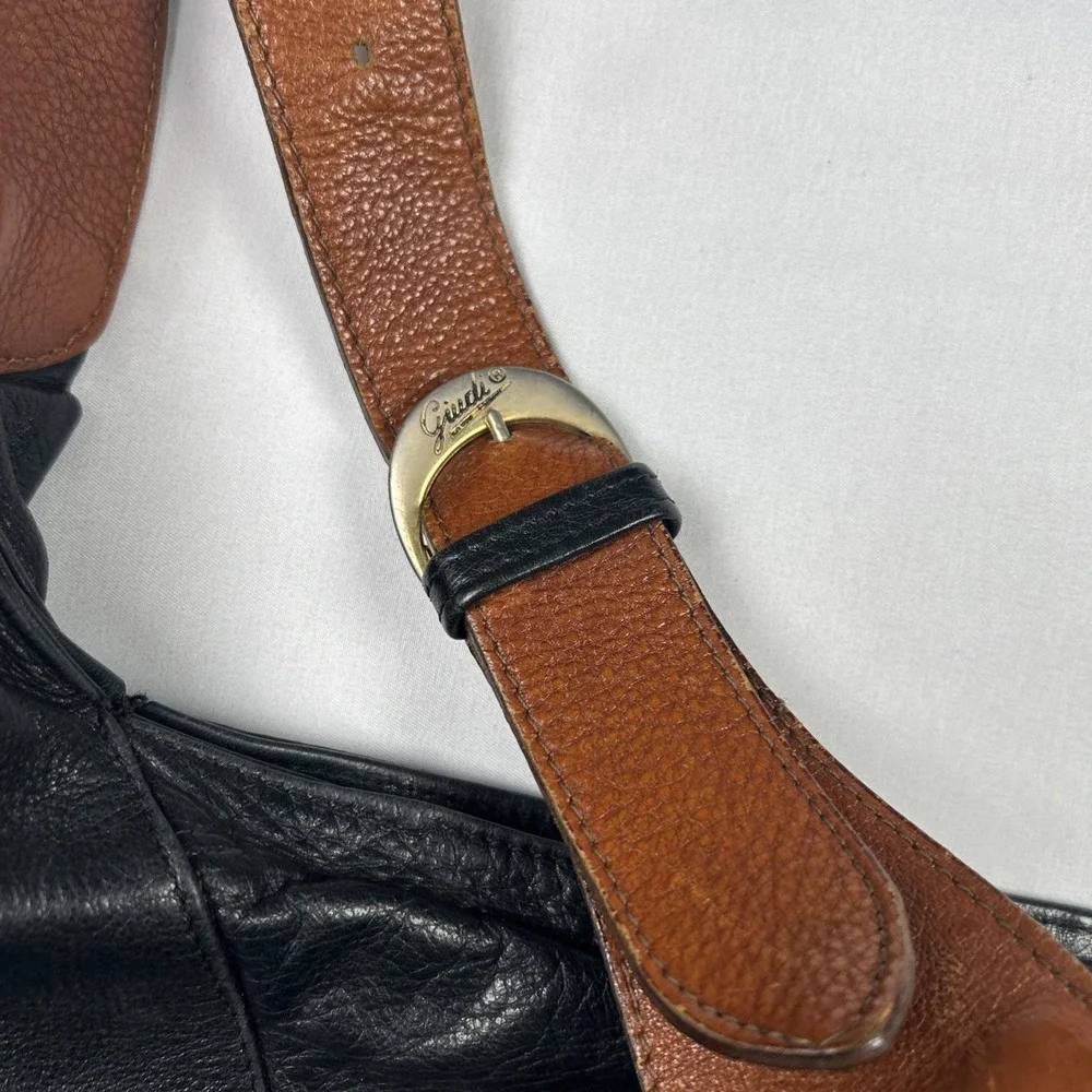 Vintage Giudi Black Brown Purse Pebbled Leather Hobo-Style Handbag Italy 456277